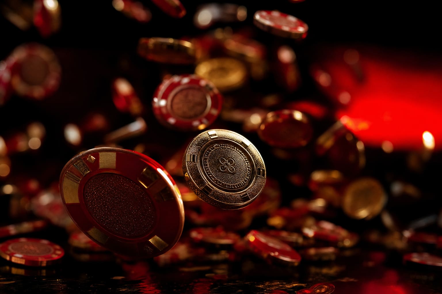 Goldene und rote Casino-Chips fallen vor schwarzem Hintergrund durch die Luft