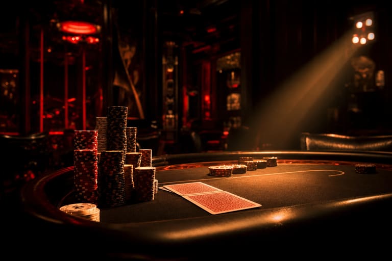Gestapelte Casino-Chips auf dunklem Spieltisch mit rotem Lichtakzent