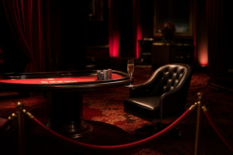 Privater Casino-Salon mit Ledersessel, Kartentisch und Champagnerglas im Spotlight
