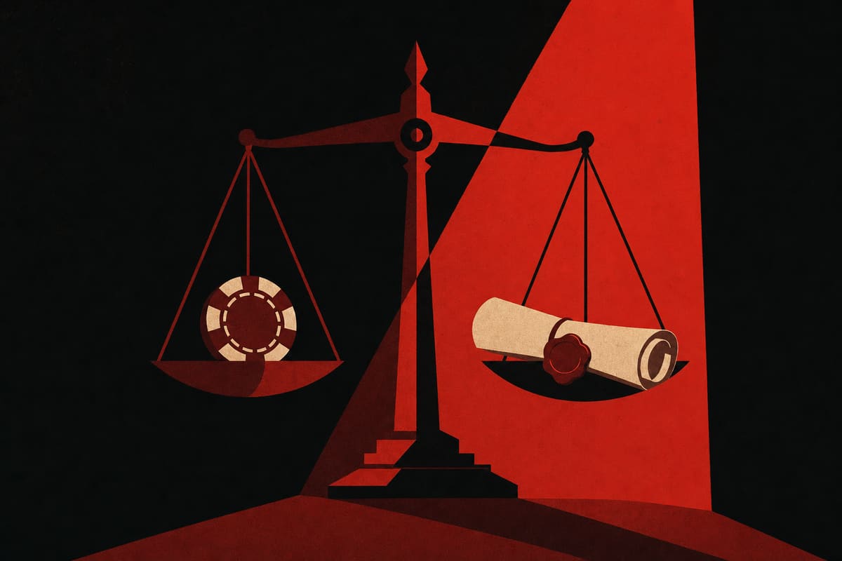 Waage der Justitia mit Casino-Chip und Dokument in den Waagschalen