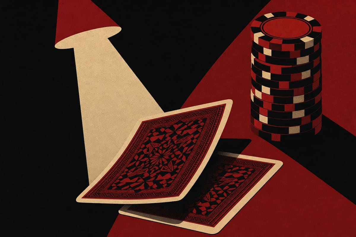 Zwei verdeckte Spielkarten neben einem Chip-Stapel im Scherenschnitt-Stil