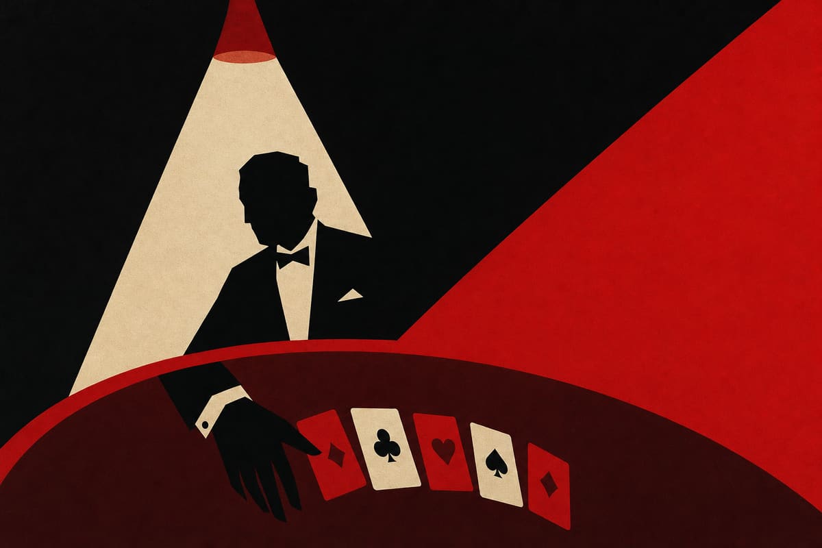 Dealer-Silhouette mit Fliege hinter einem geschwungenen Spieltisch im Spotlight