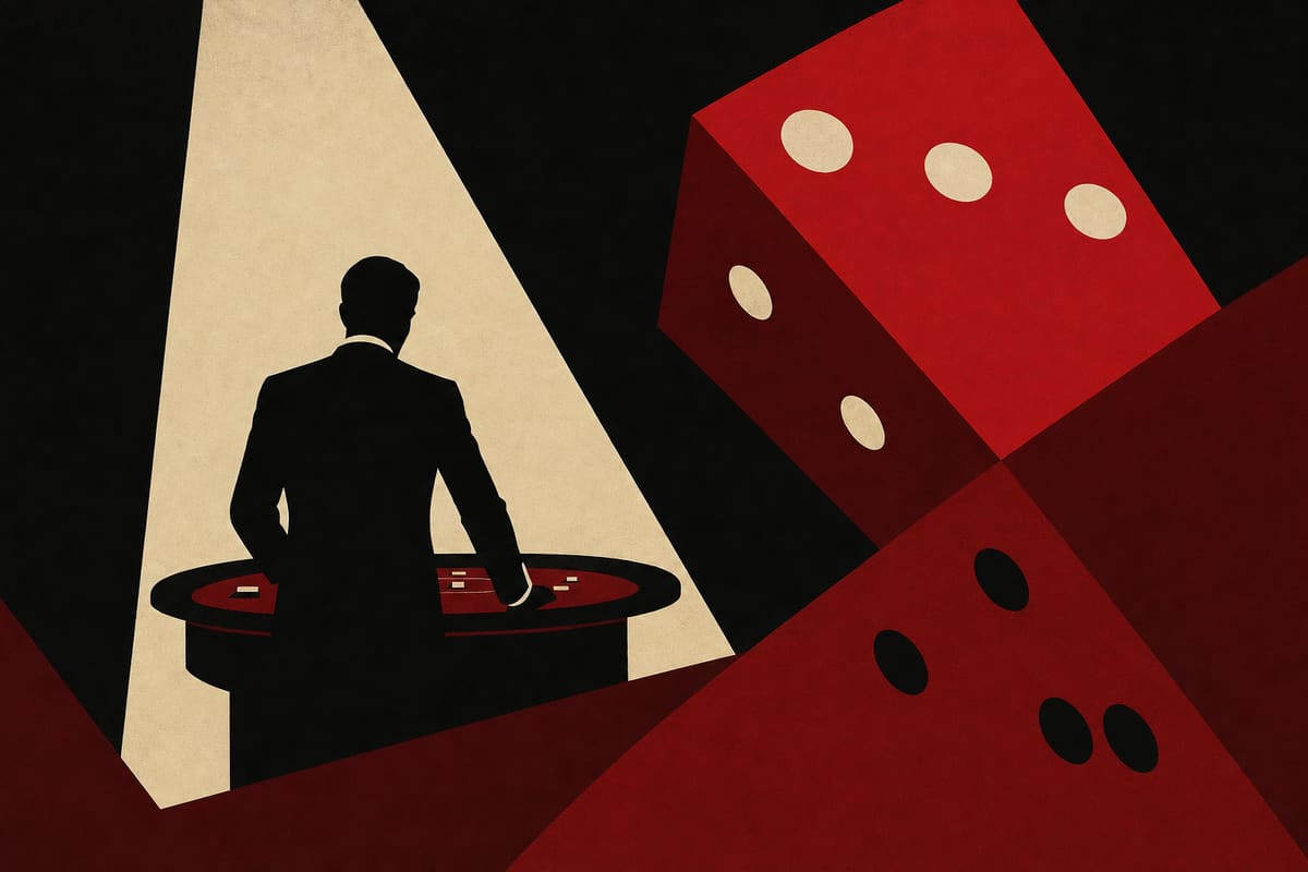 Silhouette eines Spielers im Smoking an einem Spieltisch, gefasst von einem Spotlight-Kegel